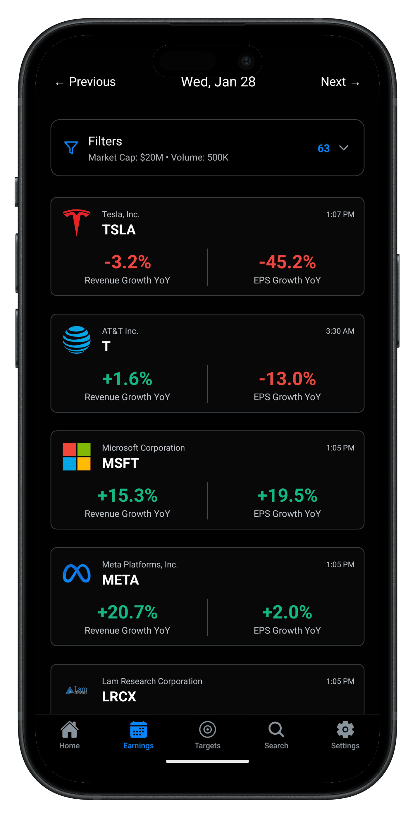 Earnings calendar on mobile